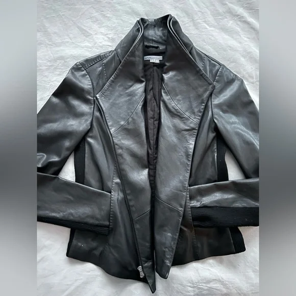 Vince Scuba Leather & Stretch Wool Panel Black Motto Jacket Womens L 8 - Picture 17 of 17